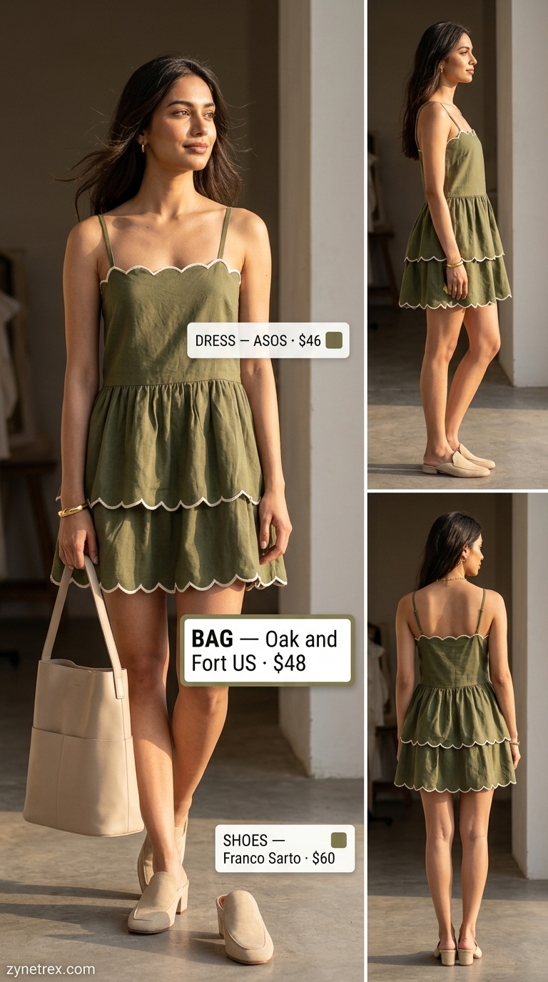 Chic olive green tiered mini summer sundress 2026, styled with khaki tote and mules for a casual work day.