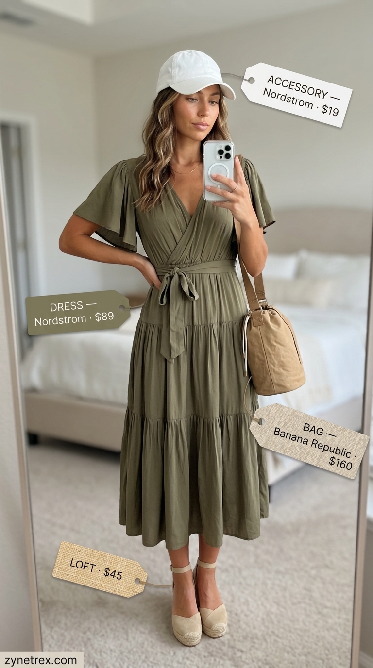 Olive green utility tiered summer sundress 2026 with pockets, paired with white cap, canvas bag, and espadrilles for casual daytime.