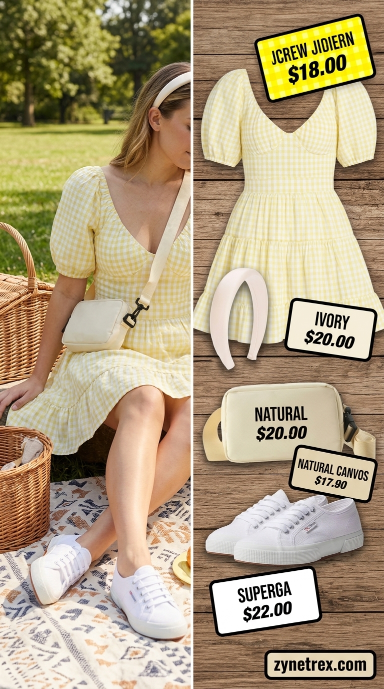 Sweet yellow gingham tiered summer sundress 2026 mini, perfect for picnics with canvas sneakers and a headband.