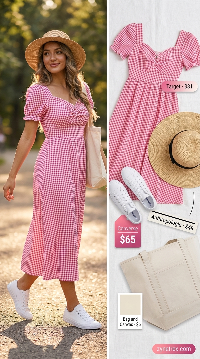 Picnic outfit with a red gingham tiered summer sundress 2026, canvas tote, and straw hat.
