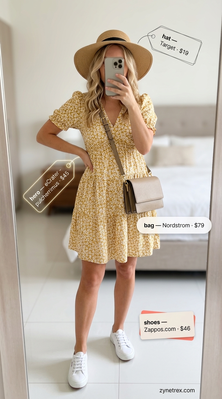 Playful yellow floral tiered summer sundress 2026 mini, paired with white sneakers and a straw hat for a picnic.