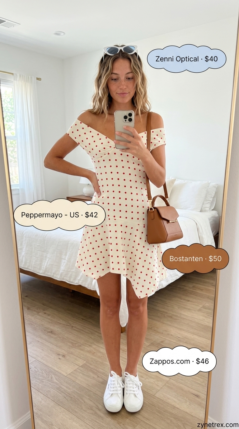 Retro floral outfit with a red polka dot tiered summer sundress 2026, white sneakers, and cat-eye sunglasses.