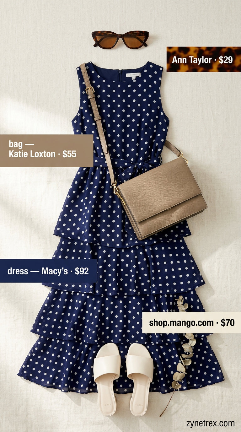 Retro navy polka dot tiered summer sundress 2026, styled with cream block heels and cat-eye sunglasses for a daytime event.
