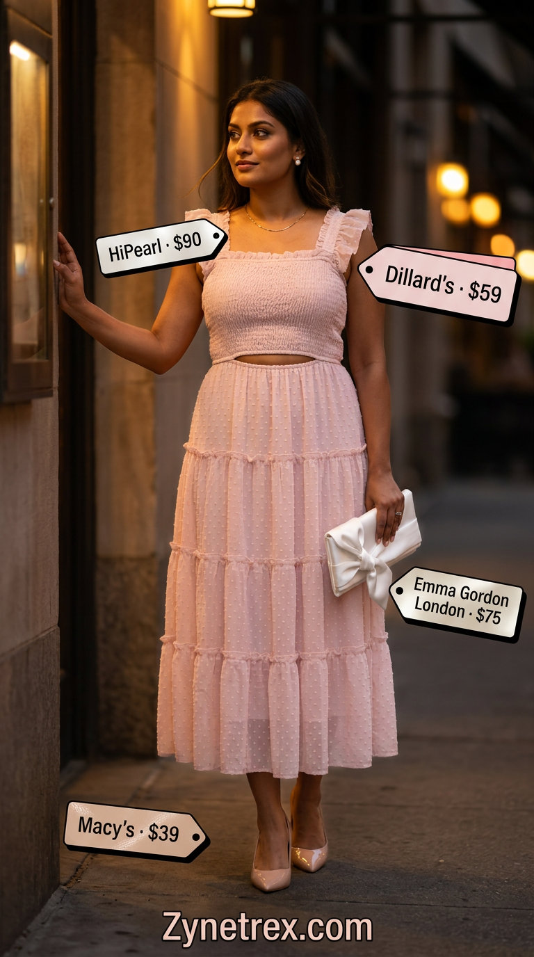 Romantic blush pink tiered summer sundress 2026 midi, ideal for date nights with nude pumps and a pearl clutch.