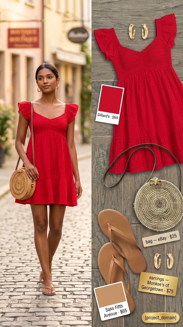 Vibrant coral tiered mini summer sundress 2026, styled with woven bag and flat sandals for evening drinks.