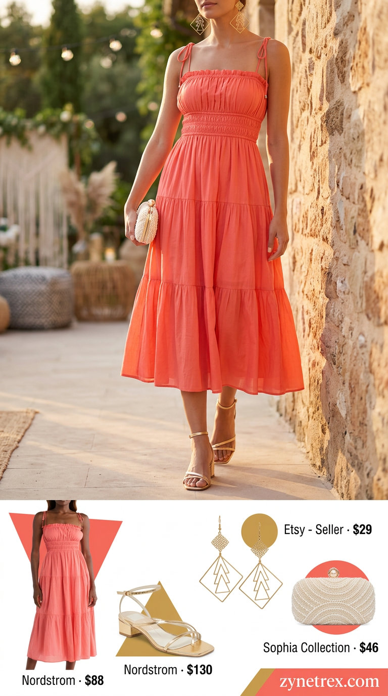 Elegant coral tiered summer sundress 2026 midi, perfect for a summer party or dinner date with gold accessories.