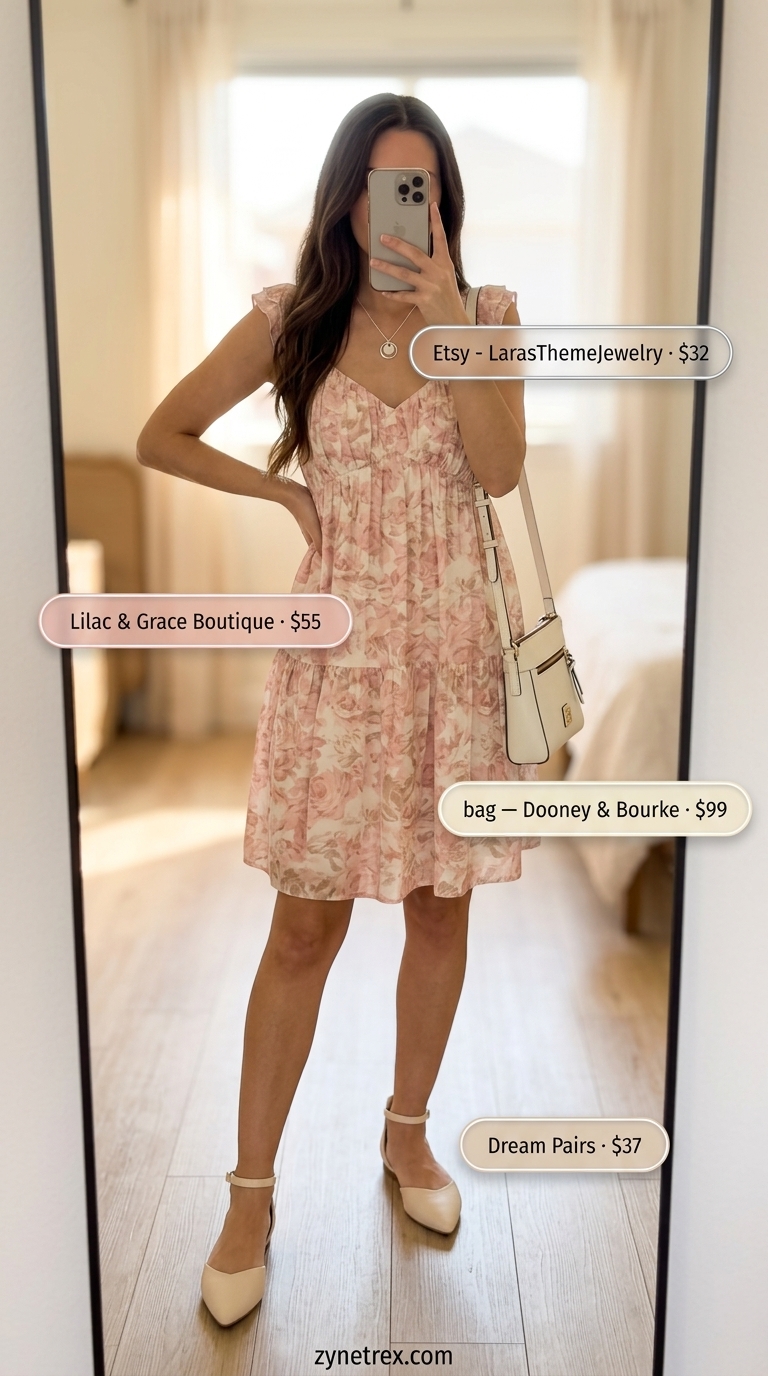 Sweetheart blush pink tiered mini summer sundress 2026 with eyelet details, styled with cream bag and ballet flats for a date.