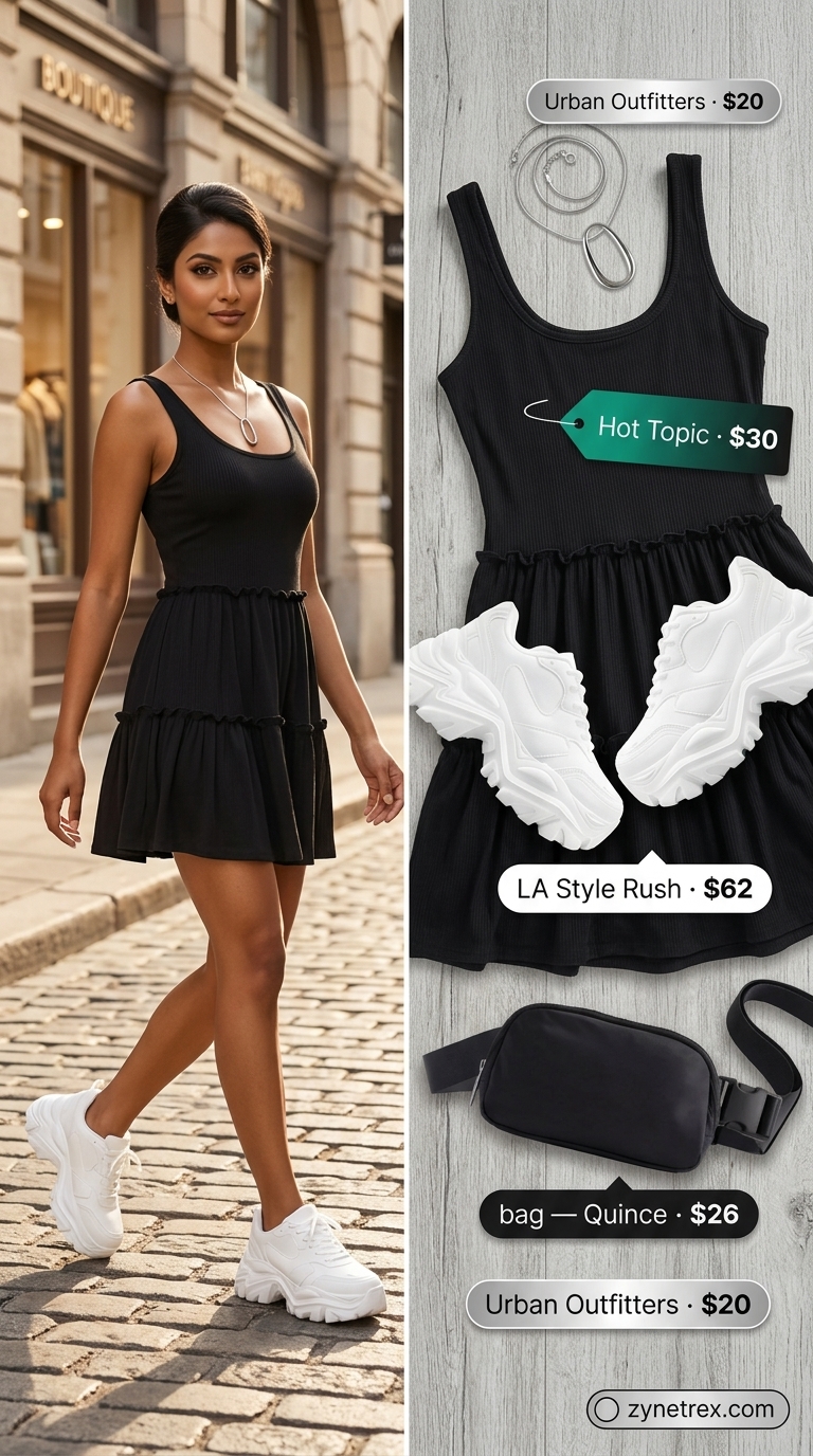 Urban explorer outfit with a black tiered summer sundress 2026, chunky sneakers, and silver chain necklace.
