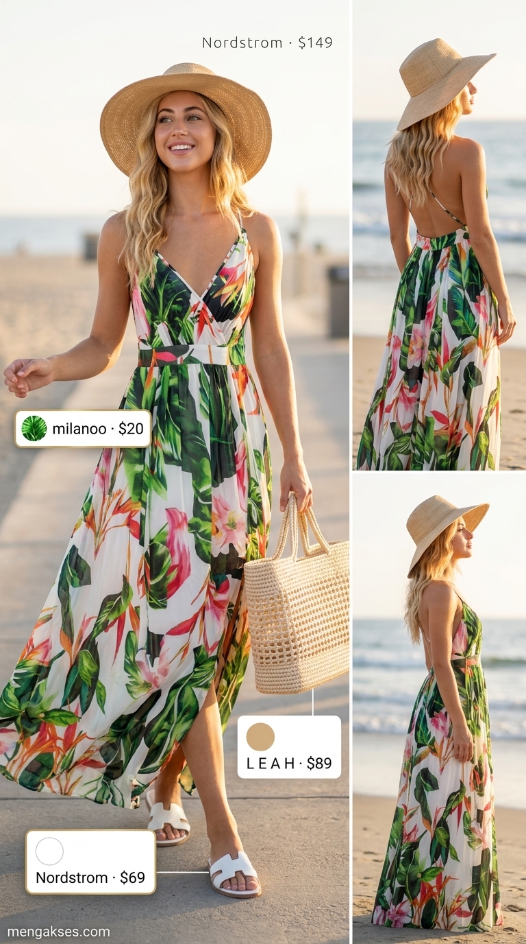 Tropical print tiered maxi summer sundress 2026 for vacation, paired with straw hat and beach tote.