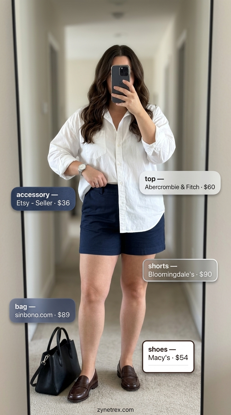 Trendy midsize outfits summer 2026: Navy Bermuda shorts, white oversized shirt, loafers, structured bag.