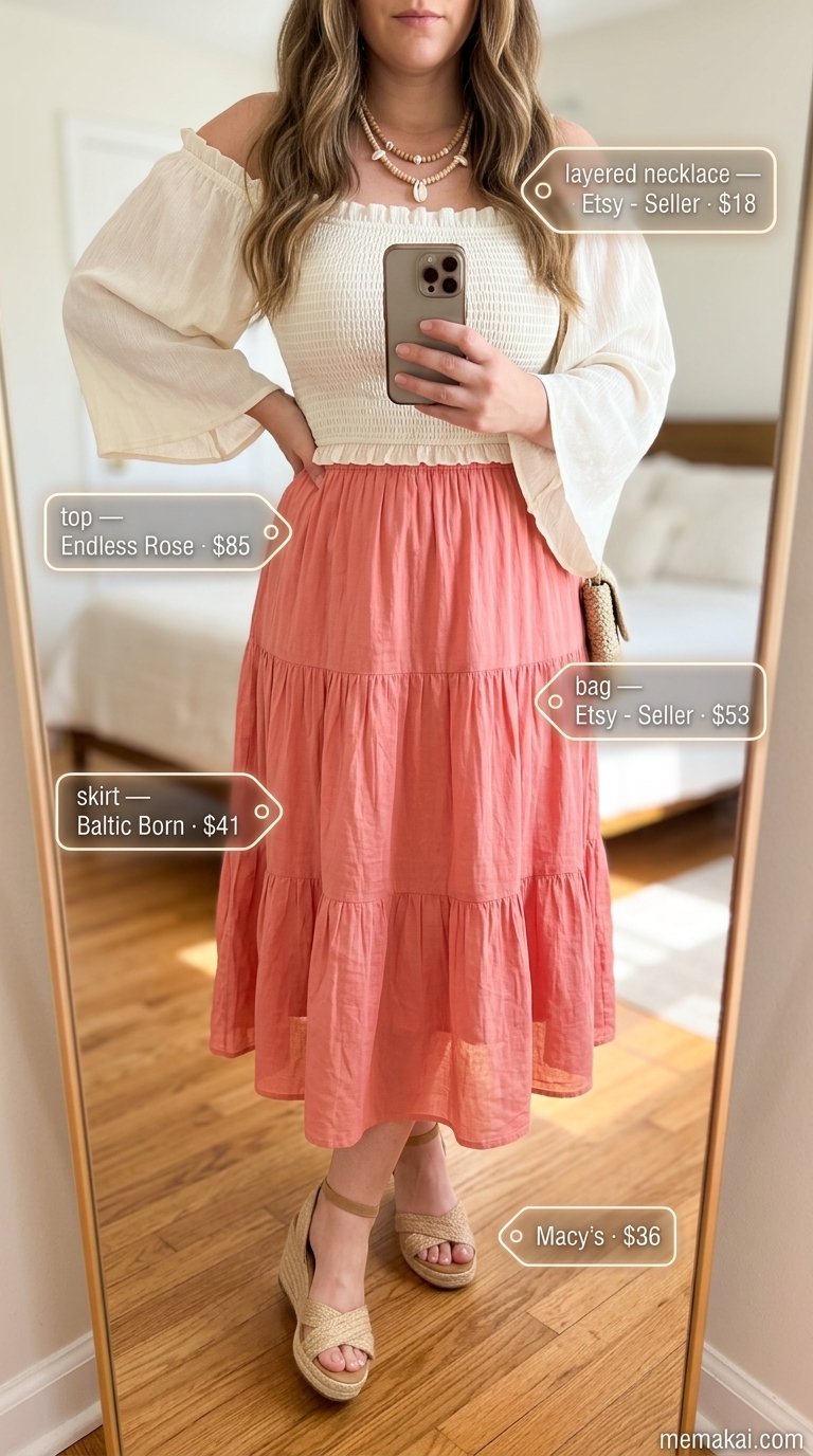 Trendy midsize outfits summer 2026: Coral pink midi skirt, ivory off-shoulder top, straw bag, espadrilles.