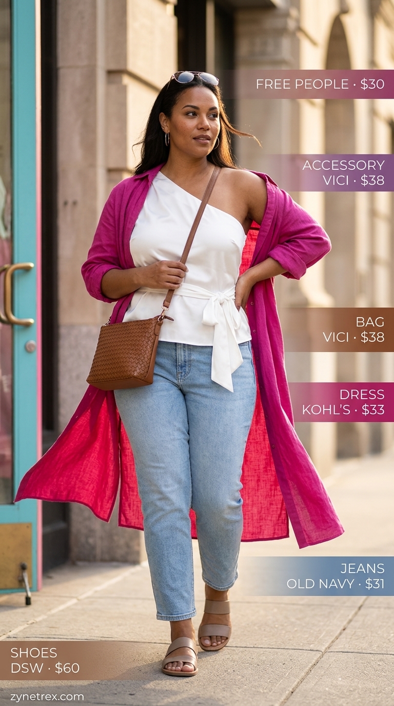 Trendy midsize outfits summer 2026: Fuchsia one-shoulder top, light wash jeans, woven crossbody bag.