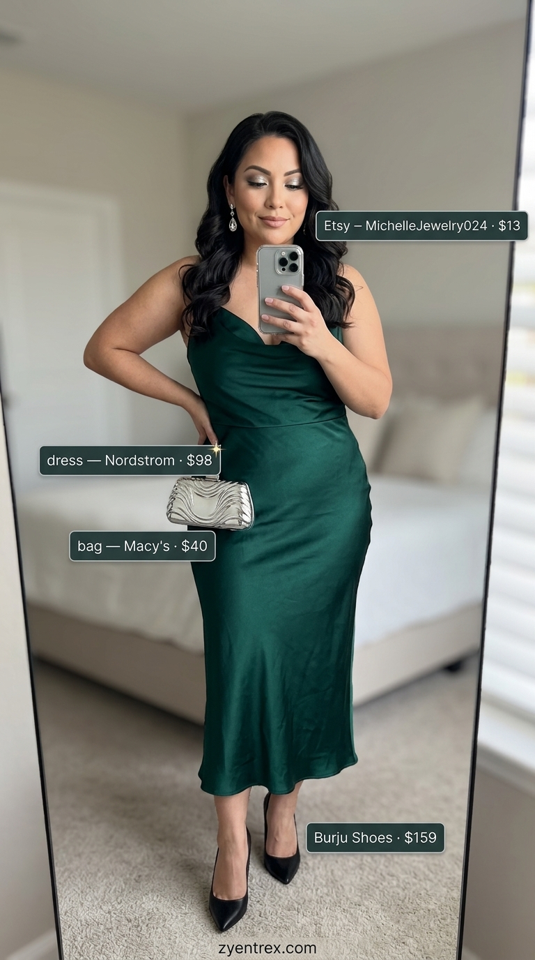 Trendy midsize outfits summer 2026: Emerald green slip dress, black strappy heels, crystal earrings.