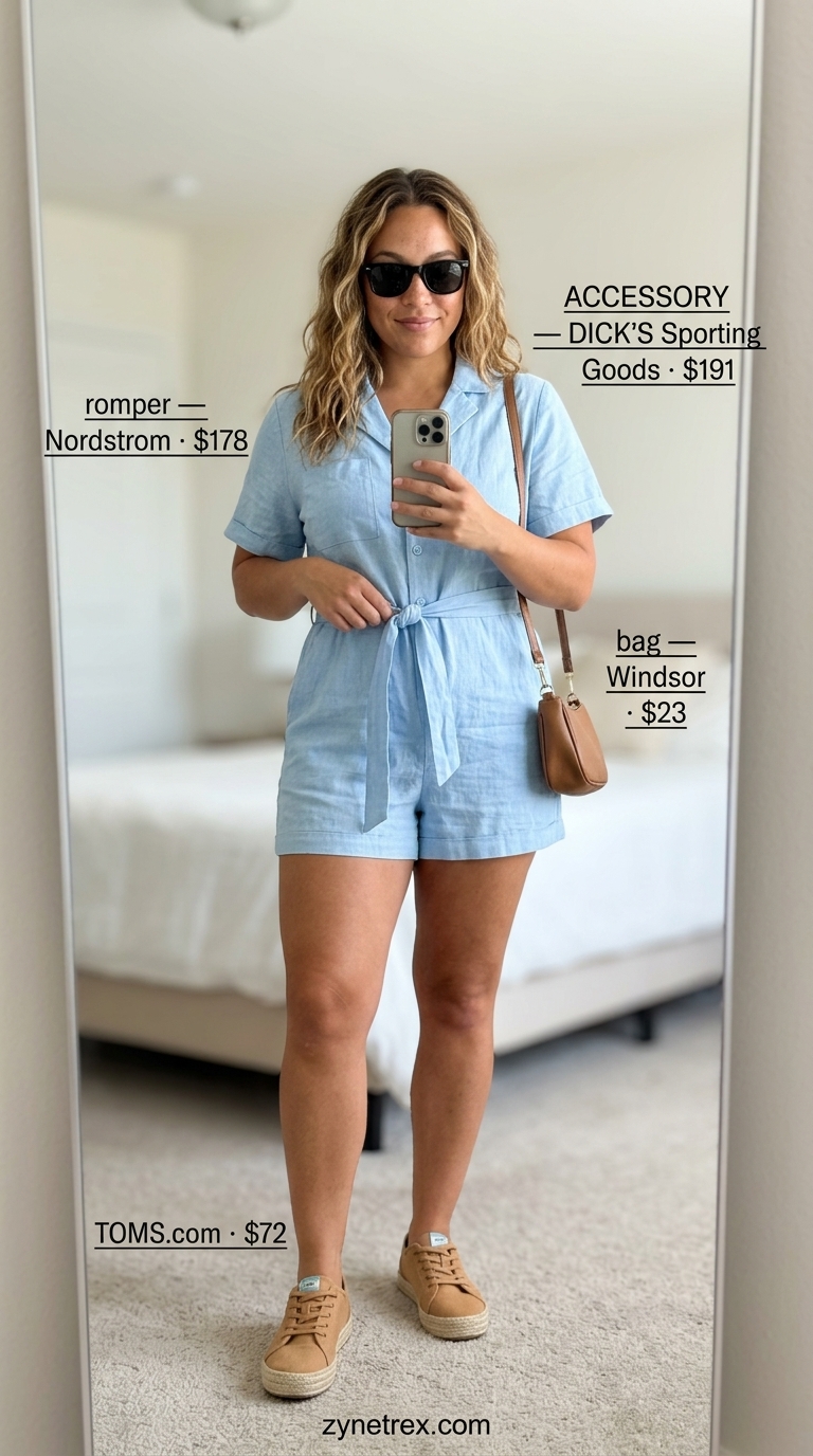 Trendy midsize outfits summer 2026: Sky blue linen romper, white espadrilles, mini tote bag.