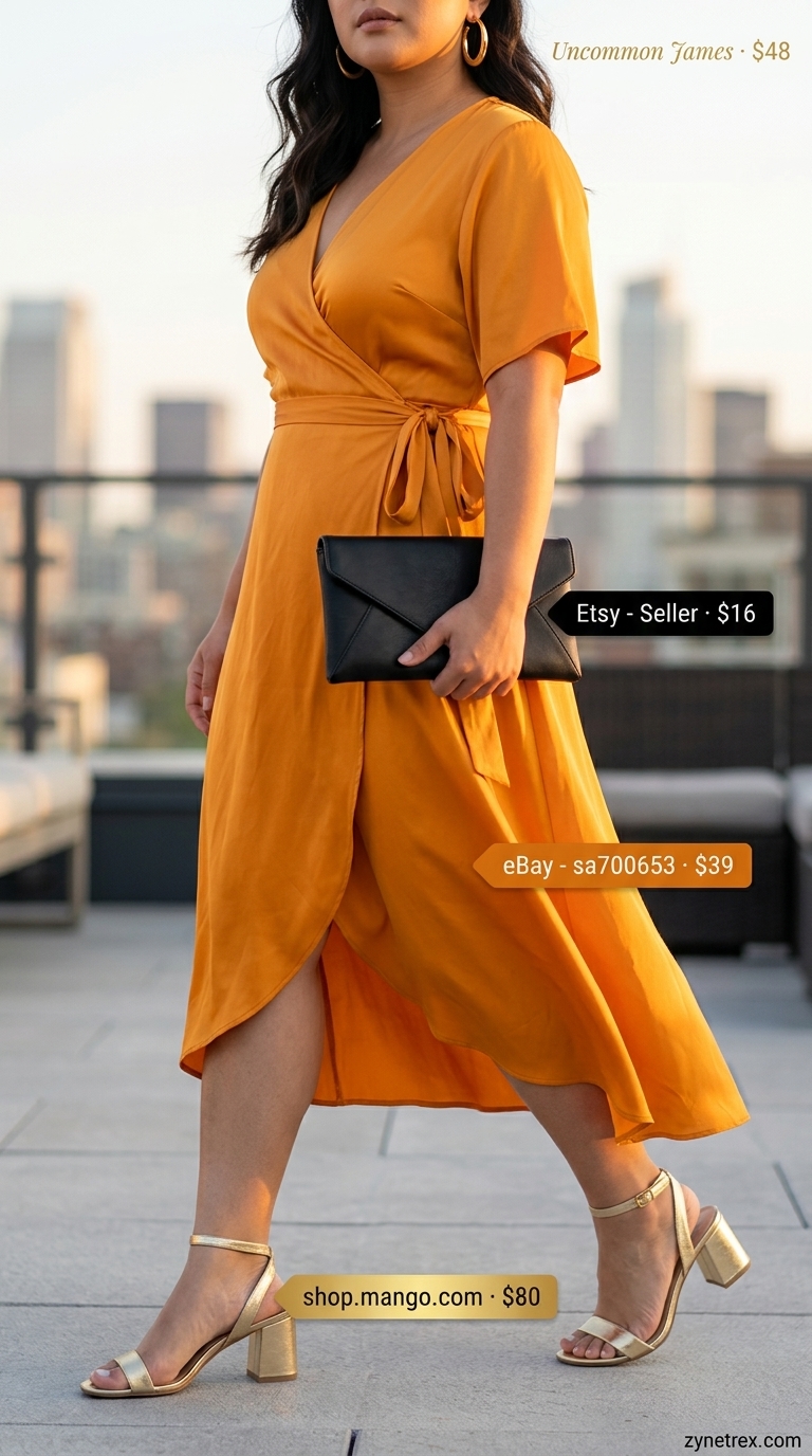 Trendy midsize outfits summer 2026: Mango orange wrap dress, black block heels, gold hoop earrings.