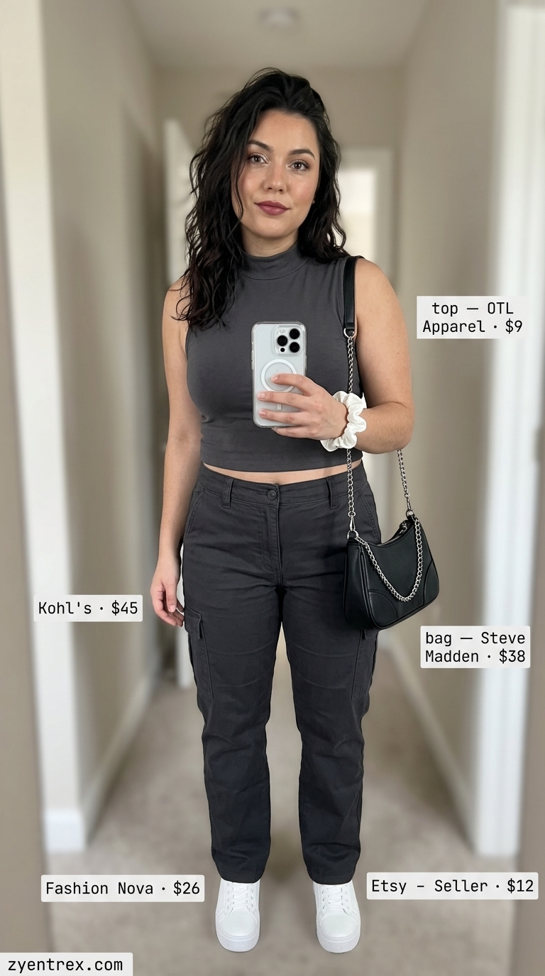 Trendy midsize outfits summer 2026: Charcoal grey cargo pants, white crop top, neon green scrunchie, chunky sneakers.