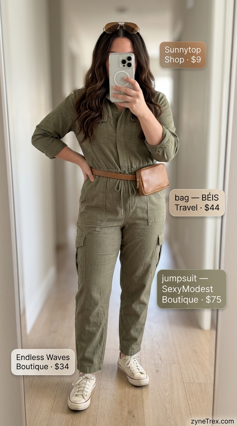 Trendy midsize outfits summer 2026: Khaki green utility jumpsuit, beige belt bag, aviator sunglasses.