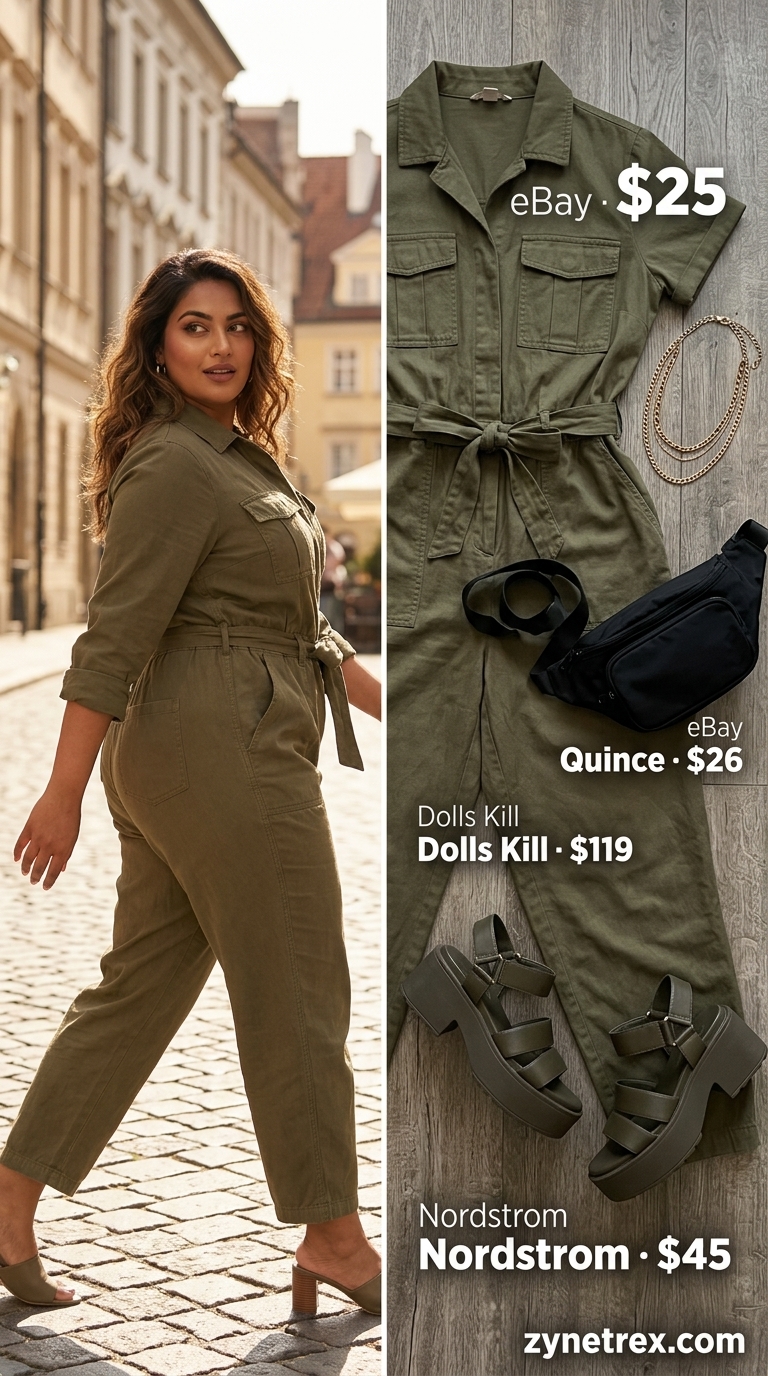 Trendy midsize outfits summer 2026: Olive green utility jumpsuit, black belt bag, chunky sandals.