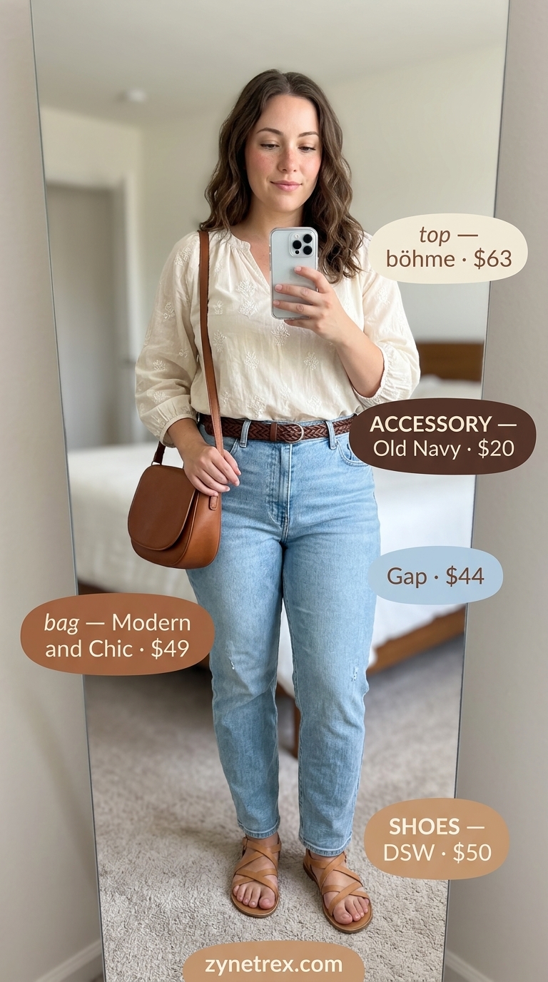Trendy midsize outfits summer 2026: Light wash jeans, off-white peasant blouse, brown slides, saddle bag.