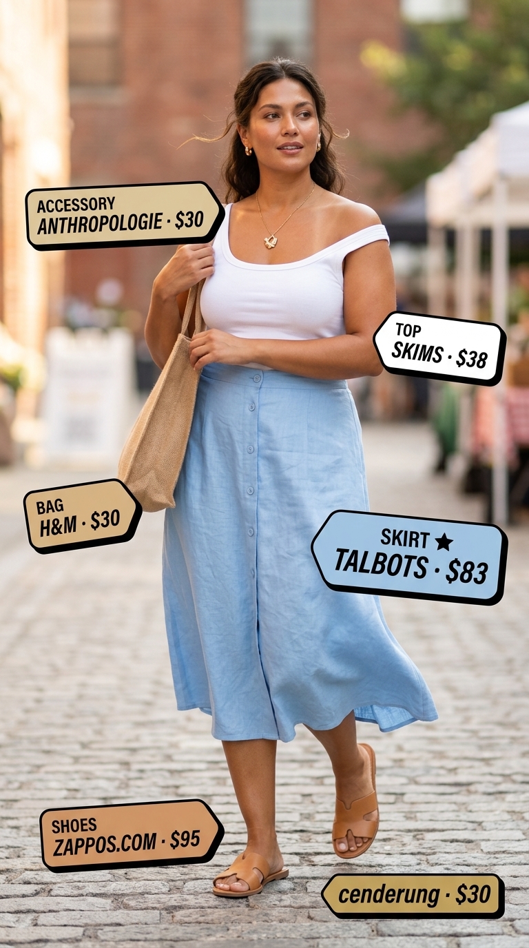 Trendy midsize outfits summer for women 2026: Sky blue skirt, white tank, and nude flats for a farmers market look.