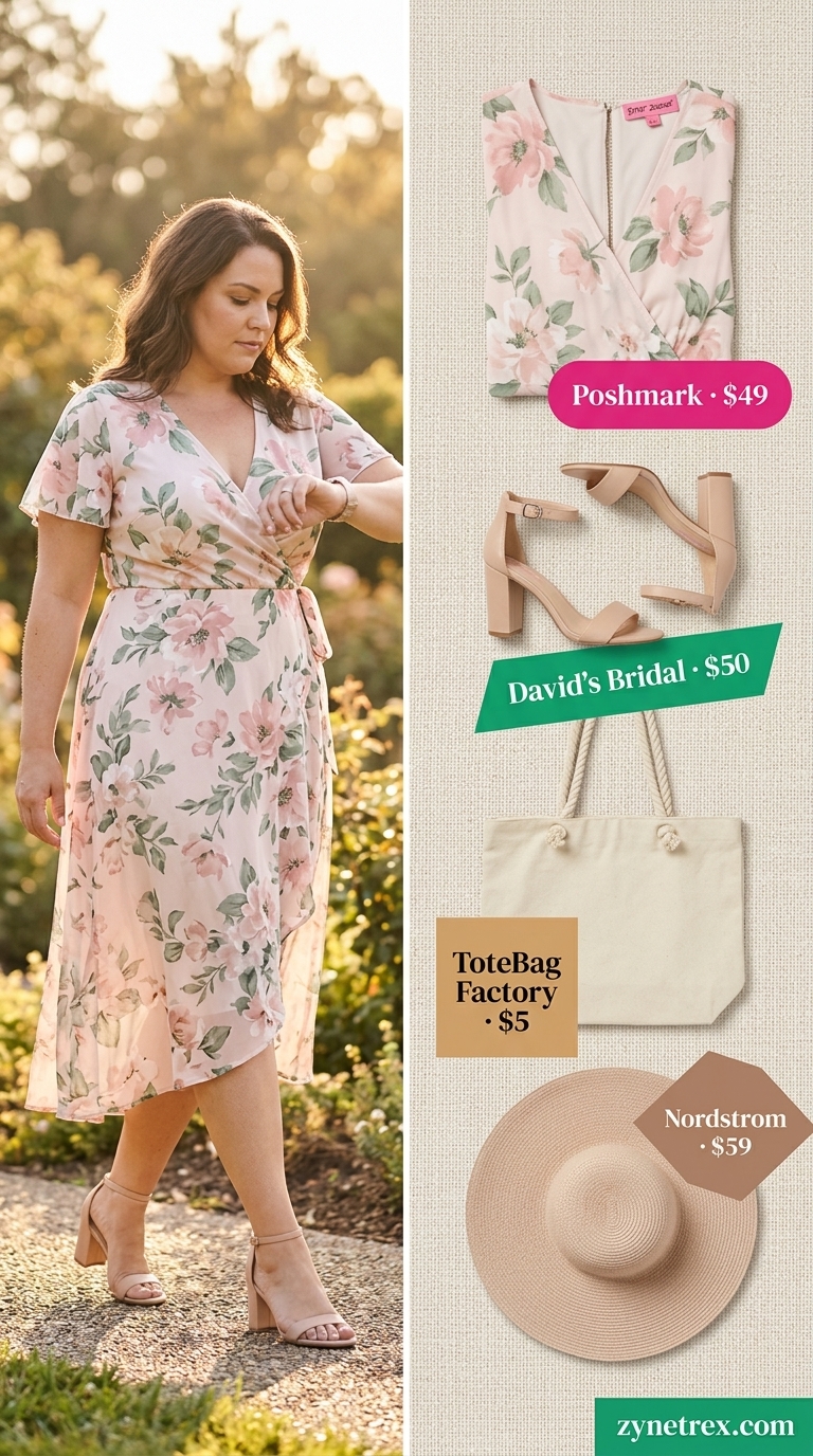 Trendy midsize outfits summer for women 2026: Pink floral midi dress for a garden party or summer soiree.