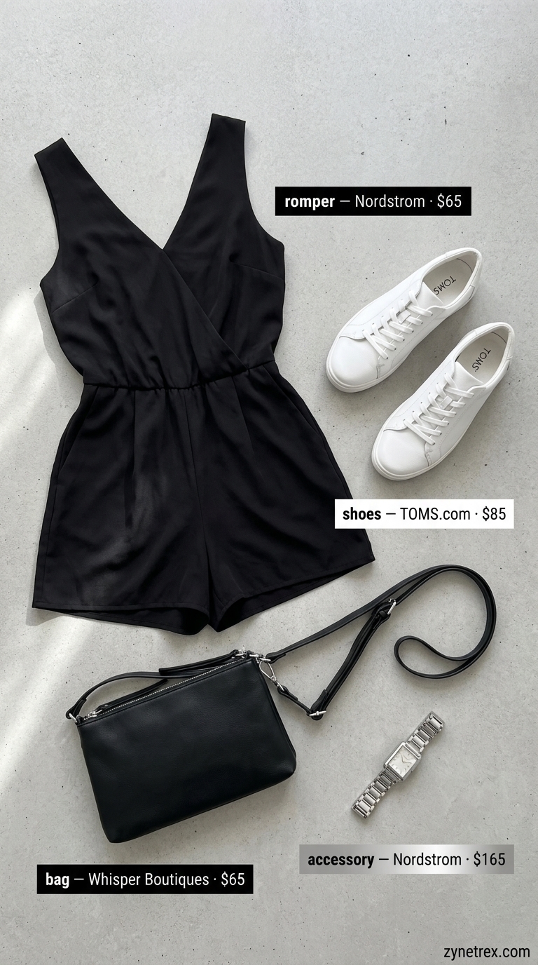 Trendy midsize outfits summer for women 2026: Black tailored romper with white sneakers for monochrome stroll.