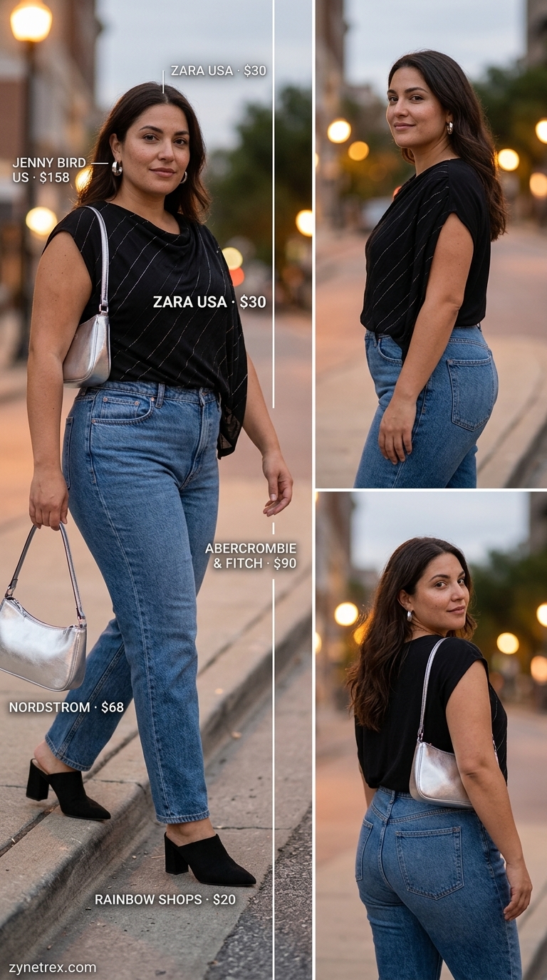 Trendy midsize outfits summer for women 2026: Black draped top with medium wash denim jeans and silver hoops for a casual dinner.