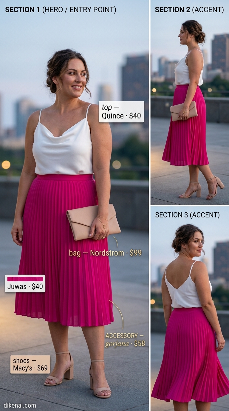 Trendy midsize outfits summer for women 2026: Fuchsia satin midi skirt with white camisole for a vibrant evening event.