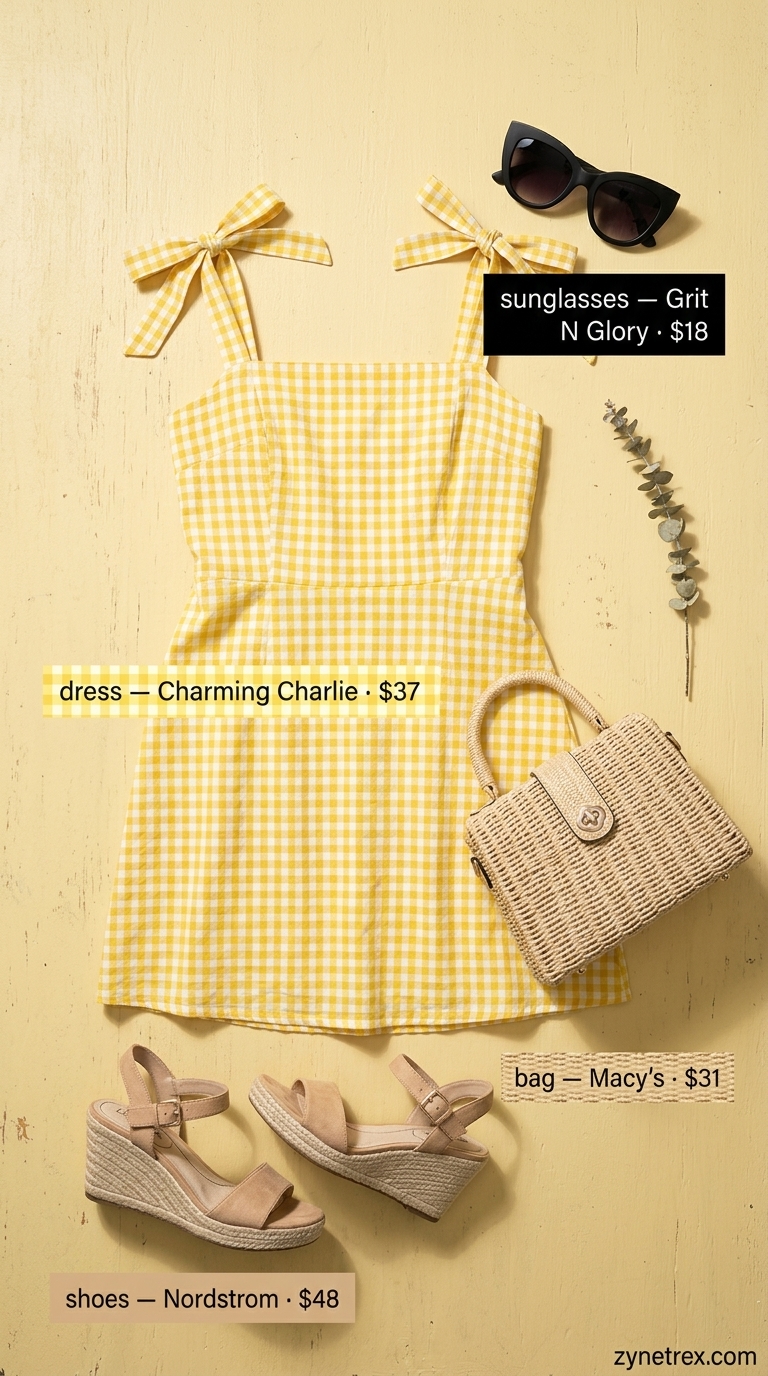 Trendy midsize outfits summer for women 2026: Yellow gingham sundress with espadrille wedges for picnic.