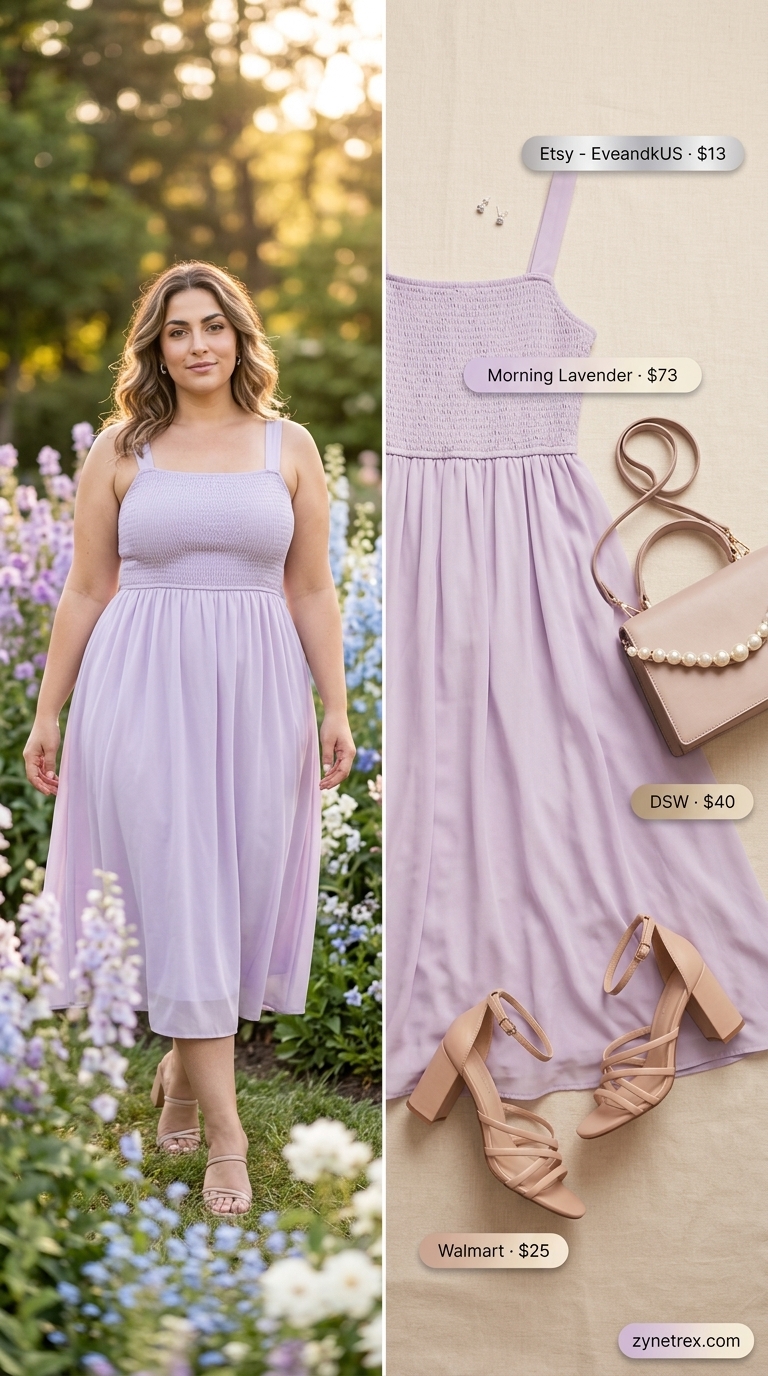 Trendy midsize outfits summer for women 2026: Soft lavender A-line midi dress with block heels for garden party.