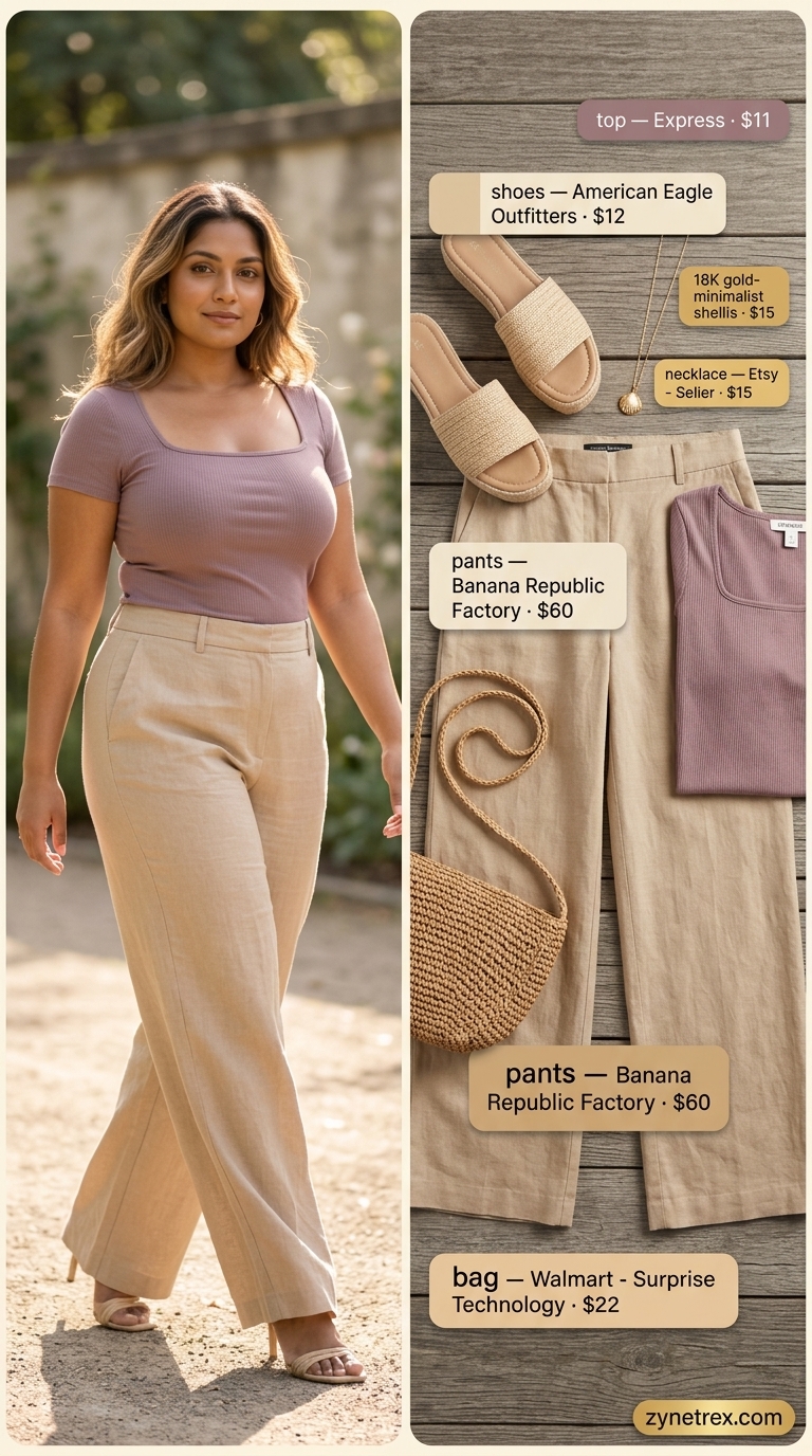 Trendy midsize outfits summer for women 2026: Sand beige linen pants with white ribbed tank for coastal brunch.