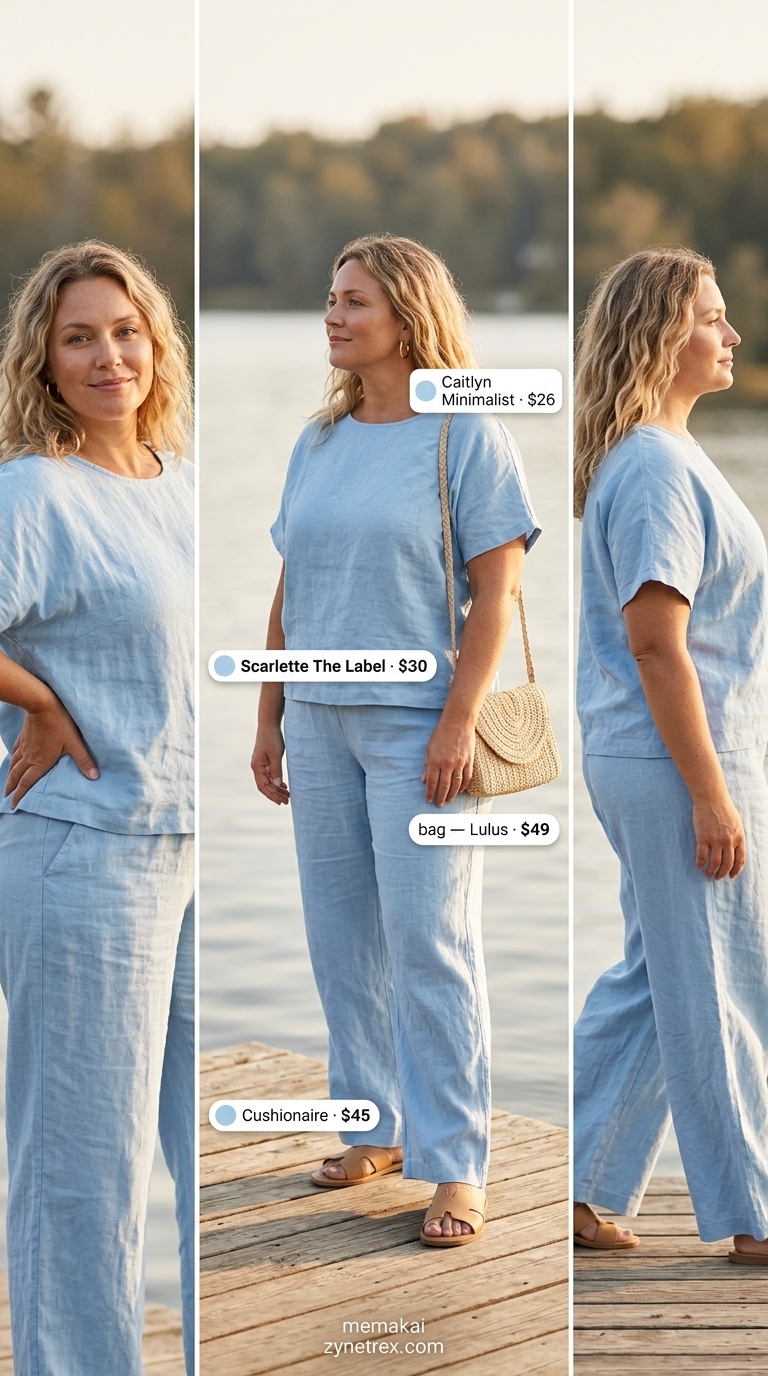Trendy midsize outfits summer for women 2026: Sky blue linen matching set for lakeside lunch.