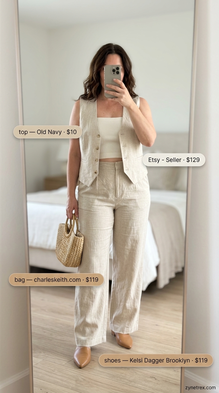 Trendy midsize outfits summer for women 2026: Sand beige linen vest and trousers for elegant resort wear.