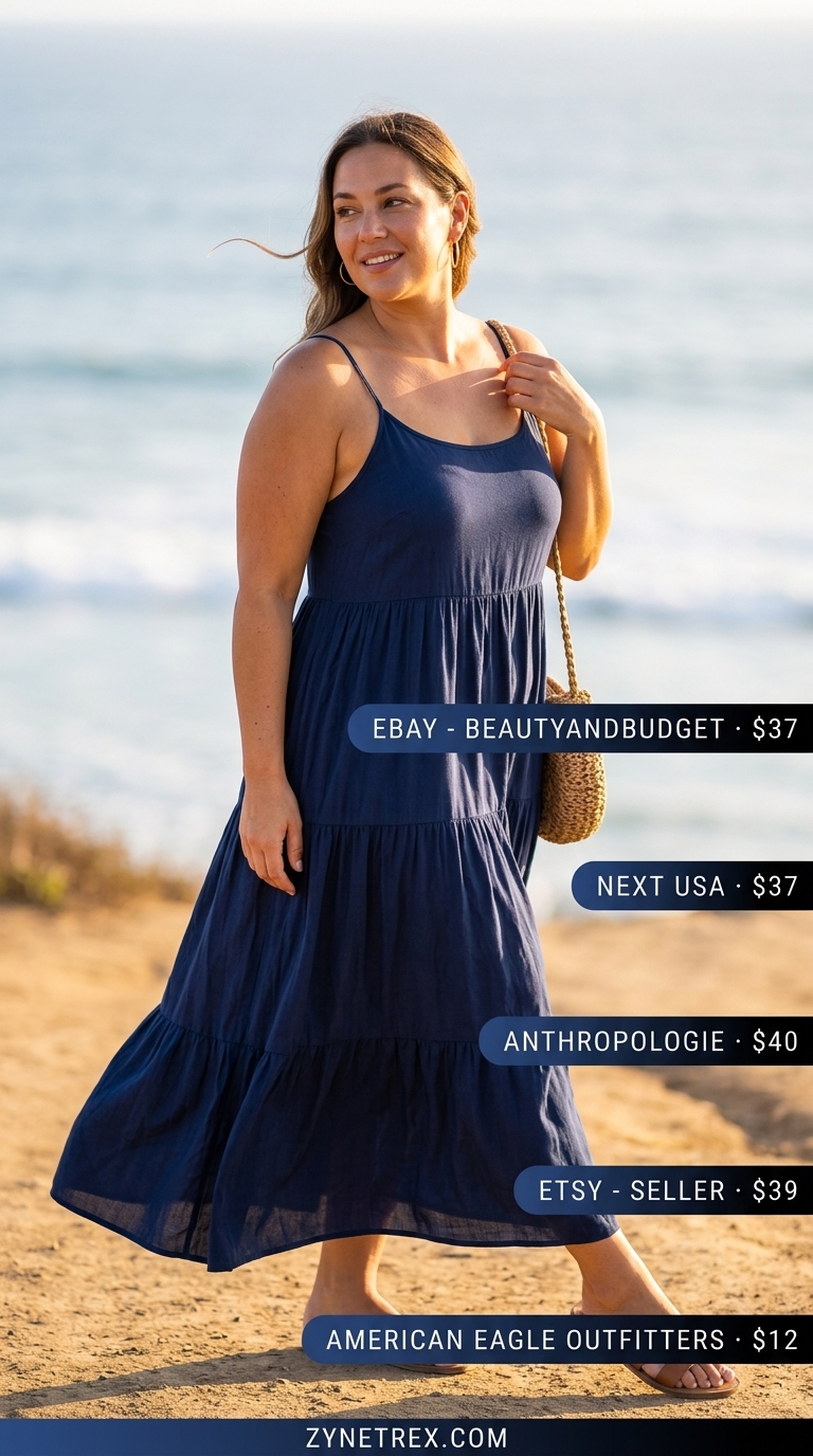 Trendy midsize outfits summer for women 2026: Navy maxi dress and straw hat for a coastal bohemian vibe.