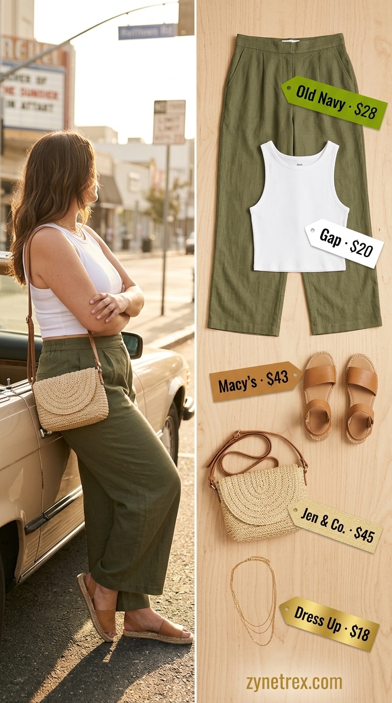 Trendy midsize outfits summer for women 2026: Olive green linen pants and cream knit top for city sightseeing.