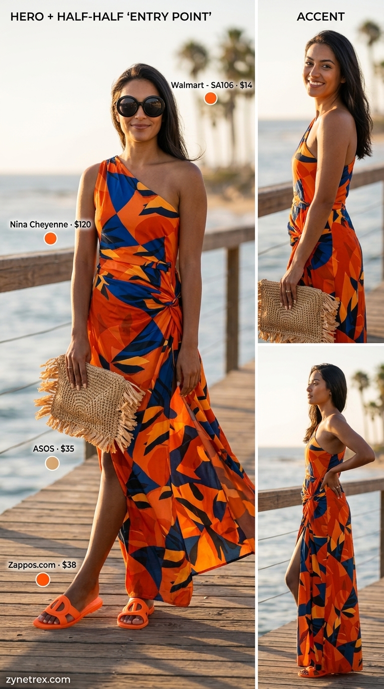 Bold Tropical Summer Maxi Dress 2026 Cobalt blue & orange abstract print one-shoulder maxi dress, orange slides, raffia clutch for tropical summer outfits 2026.