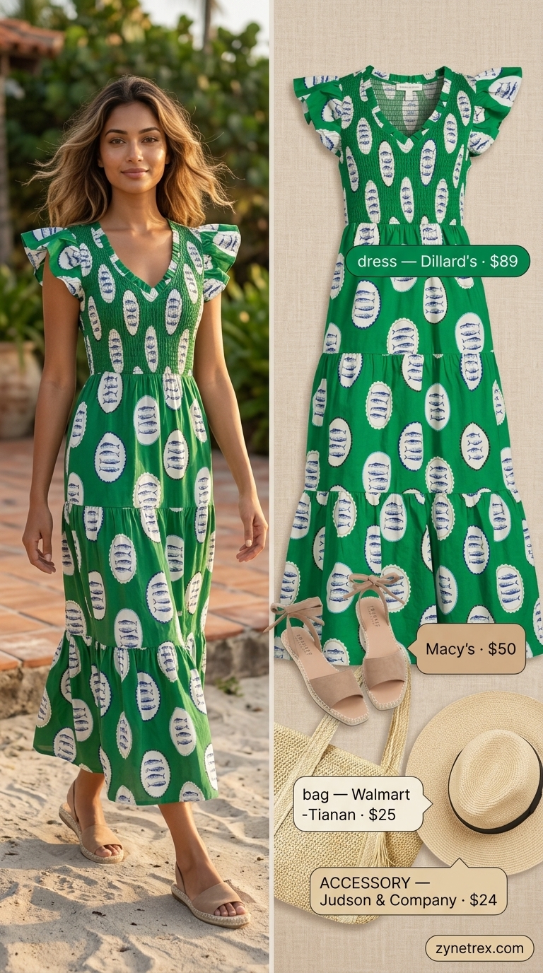Beach Brunch Flowy Maxi Dress 2026 Tropical green coral pink tiered flowy maxi dress for bohemian beachside brunch 2026.