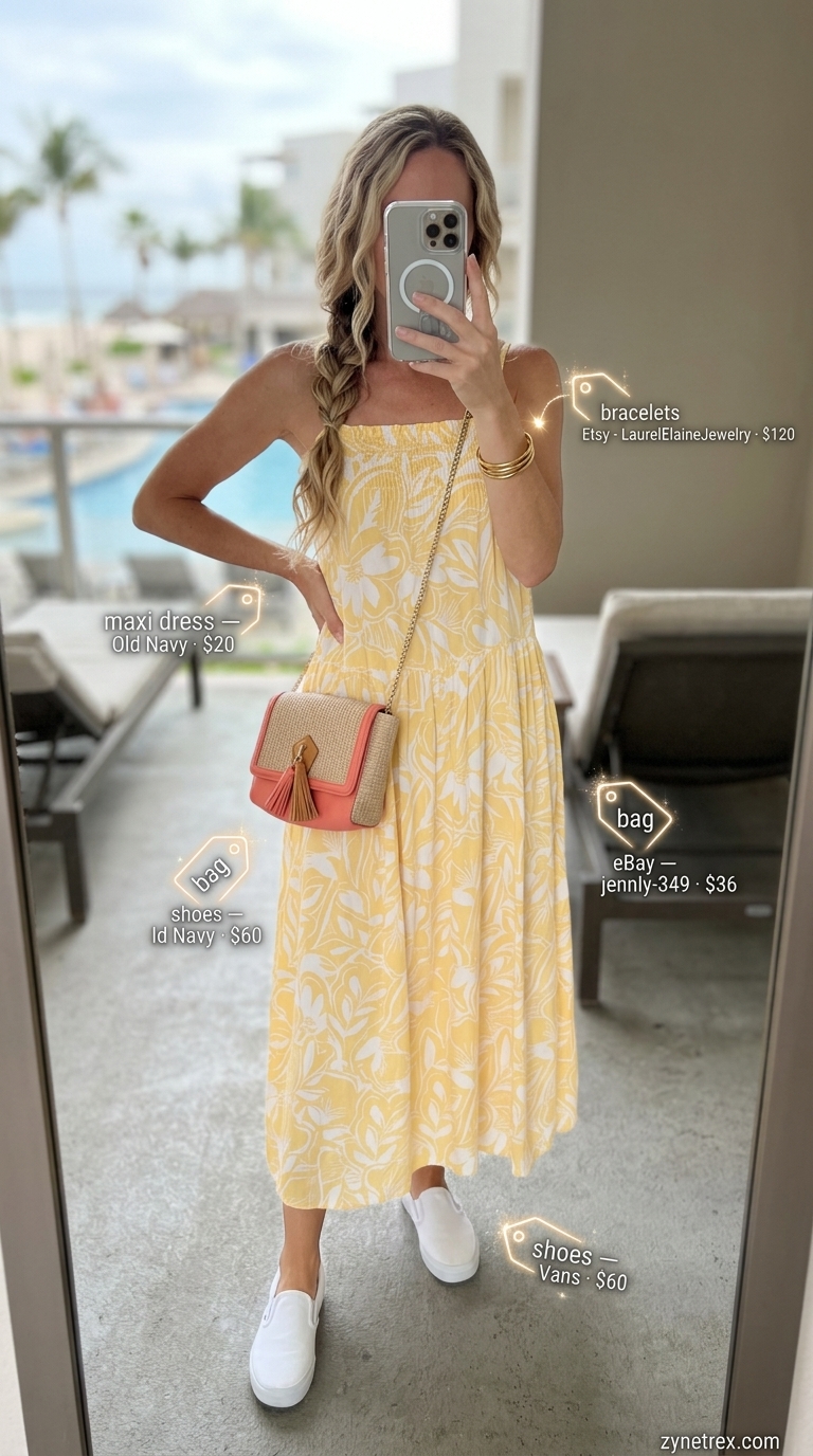Tropical Summer Flowy Maxi Dresses 2026: Beach Picnic Outfit Pastel yellow pineapple print maxi dress for a beach picnic. Style with canvas sneakers and straw crossbody.