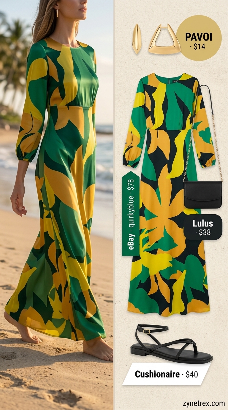 Artistic Tropical Summer Maxi Dress 2026 Emerald green abstract botanical maxi dress, gold hoops, black crossbody for tropical summer outfits 2026.