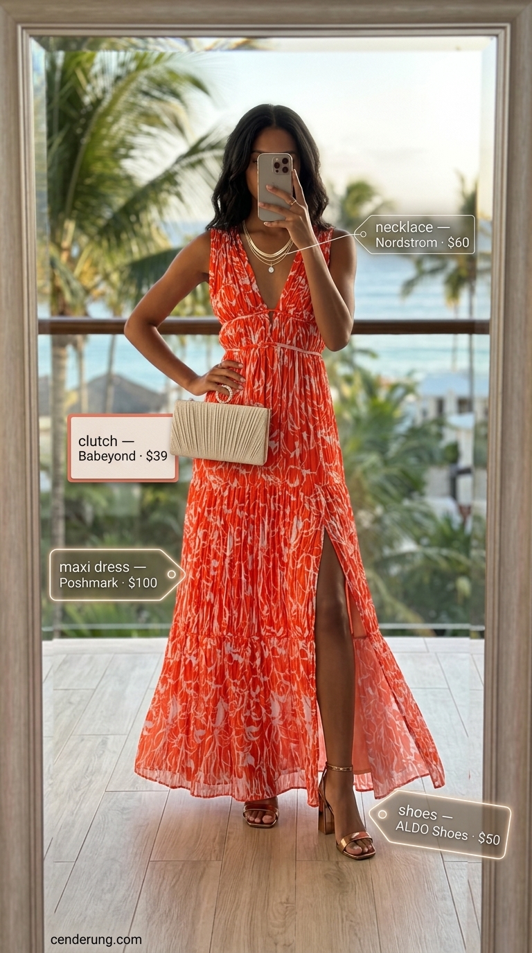 Fiery red-orange hibiscus print deep V-neck flowy maxi dress for resort cocktail hour 2026.