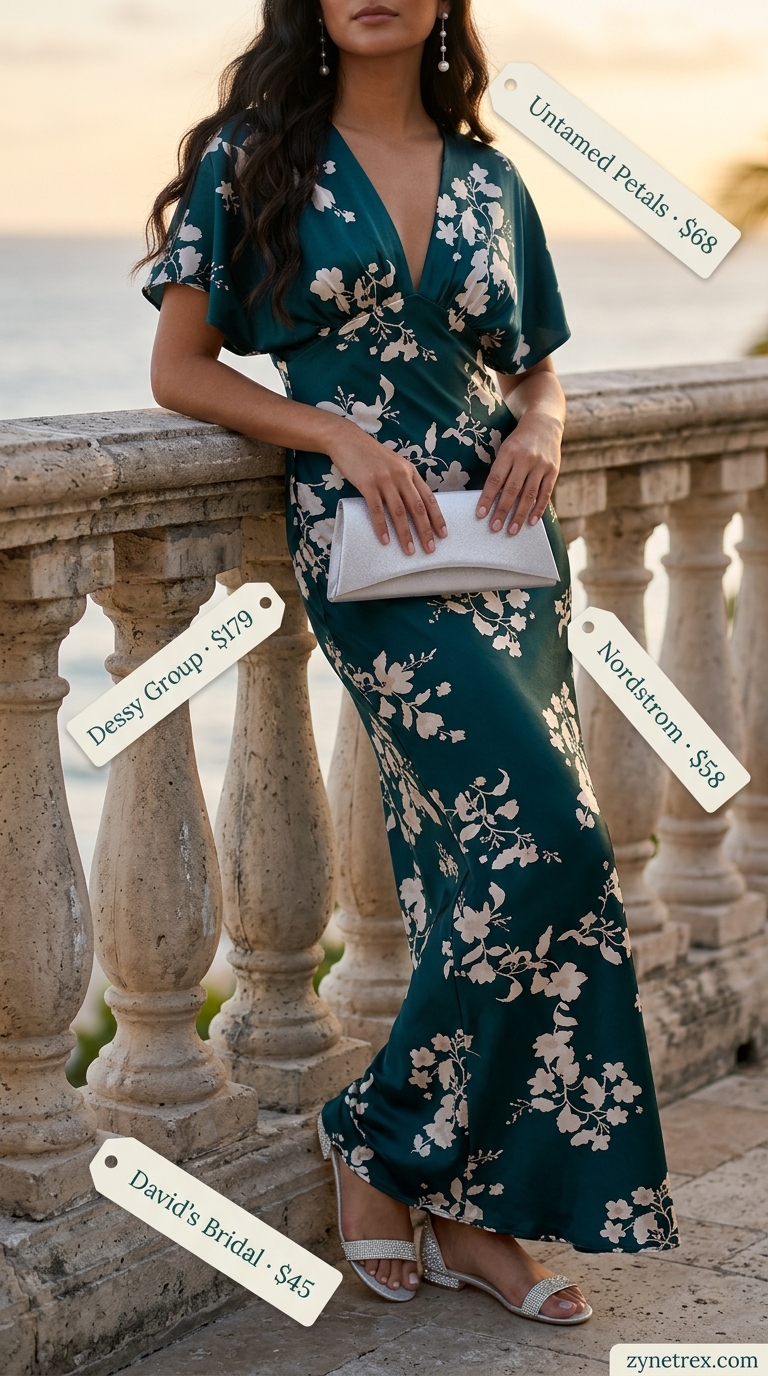 Tropical Summer Flowy Maxi Dresses 2026: Elegant Evening Affair Deep teal silk maxi dress for an elegant evening affair. Style with silver embellished flats and metallic clutch.
