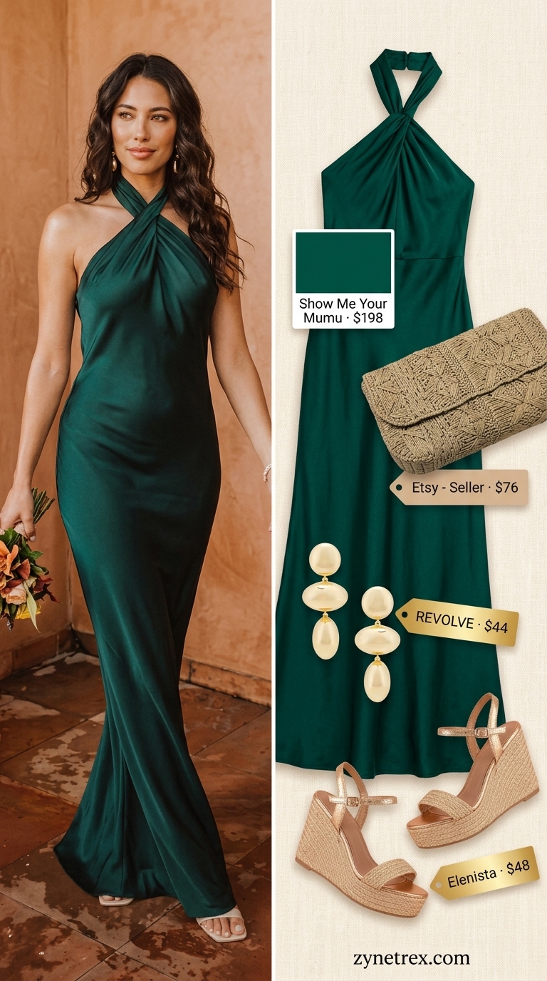 Elegant Tropical Summer Maxi Dress 2026 Emerald green halter maxi dress, gold earrings, wedge espadrilles for tropical summer outfits 2026.