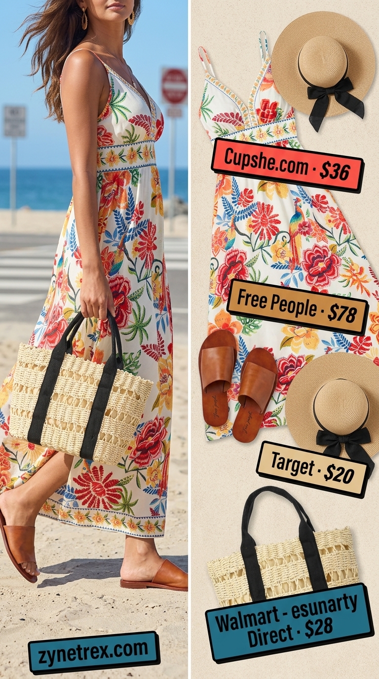 Effortless Tropical Summer Maxi Dress 2026 Coral pink & teal floral maxi dress, straw hat, leather slides for tropical summer outfits 2026.