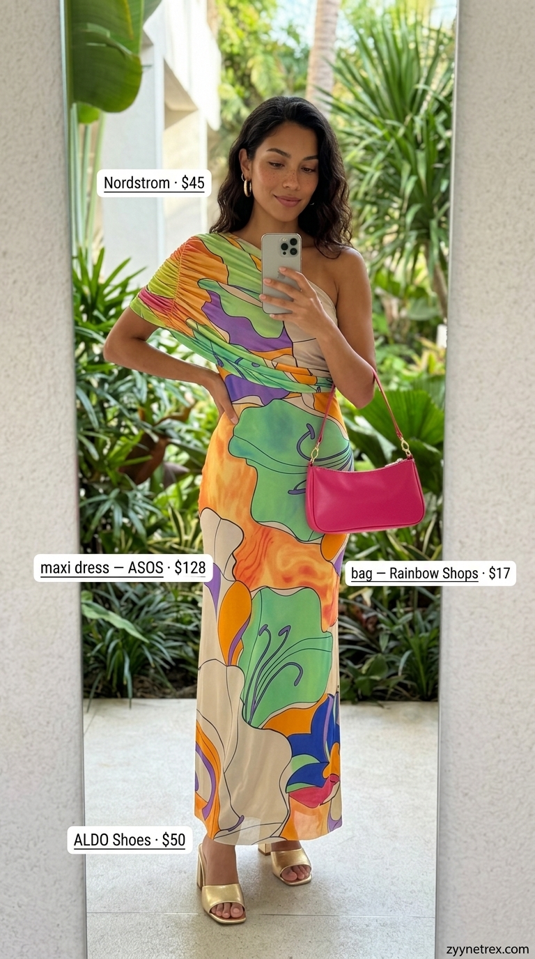 Garden Party Flowy Maxi Dress 2026 Cobalt blue, chartreuse, fuchsia parrot print one-shoulder flowy maxi dress for garden parties 2026.