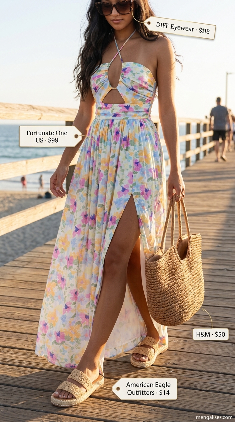Vibrant Tropical Summer Maxi Dress 2026 Fuchsia hibiscus print halter maxi dress, straw tote, shell necklace for tropical summer outfits 2026.