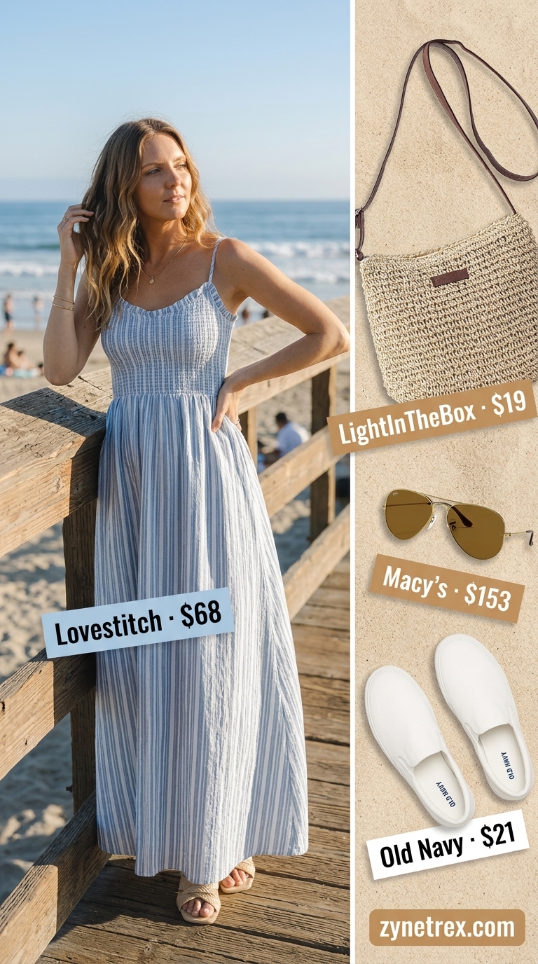Tropical Summer Flowy Maxi Dresses 2026: Island Explorer Chic Navy and white stripe linen maxi dress for island sightseeing. Style with canvas sneakers and straw crossbody.