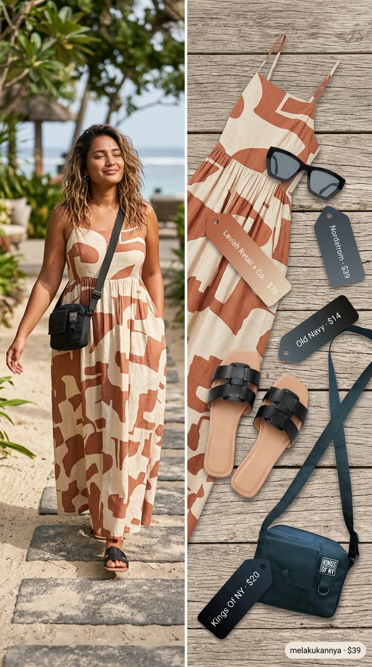 Island Market Flowy Maxi Dress 2026 Terracotta & cream abstract print flowy maxi dress for island market trips in 2026.