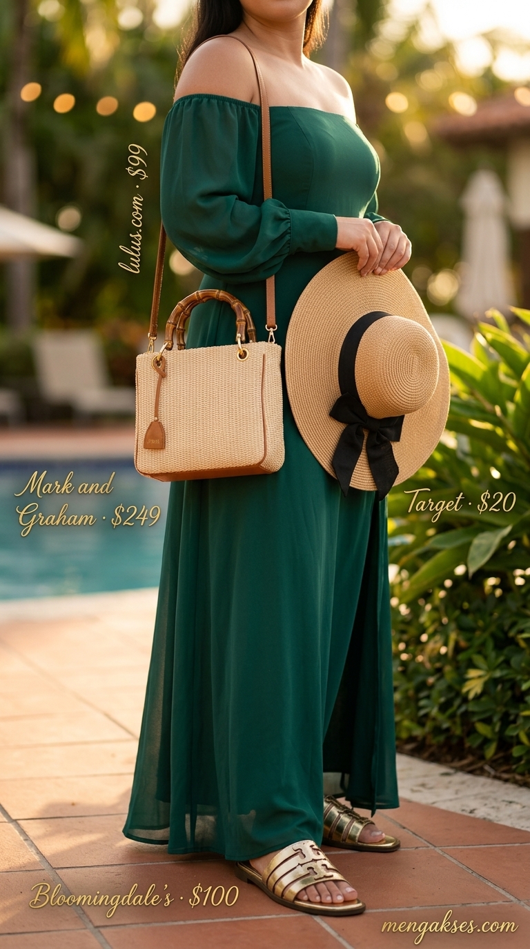 Tropical Summer Flowy Maxi Dresses 2026: Island Oasis Lunch Style Emerald green palm leaf print maxi dress for island oasis lunch. Style with metallic slides and straw hat.