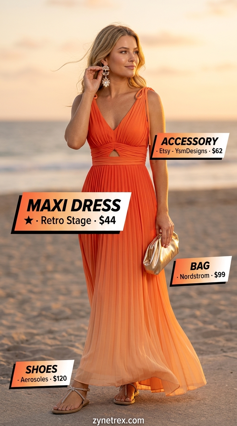 Romantic Tropical Summer Maxi Dress 2026 Sunset ombre chiffon maxi dress, gold clutch, embellished sandals for tropical summer outfits 2026.