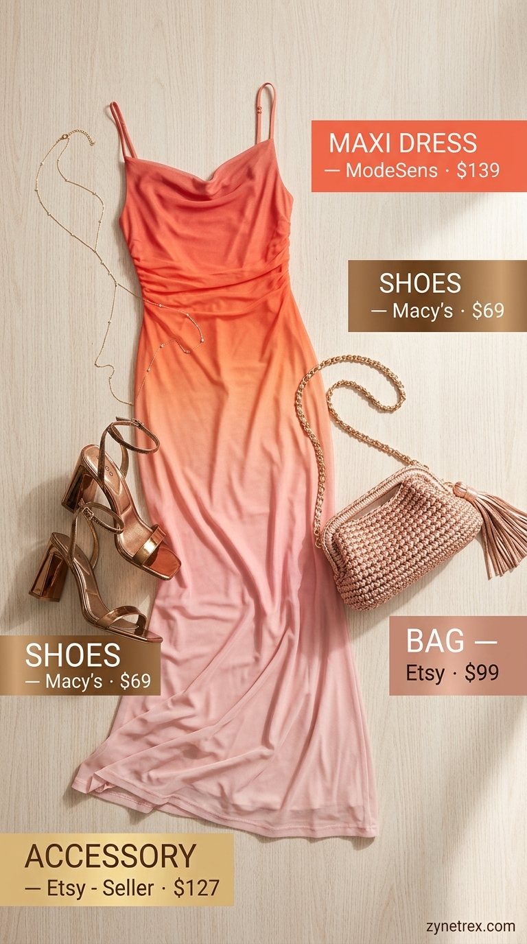 Glamorous Tropical Summer Maxi Dress 2026 Ombre orange to pink maxi dress, metallic sandals, body harness for tropical summer outfits 2026.